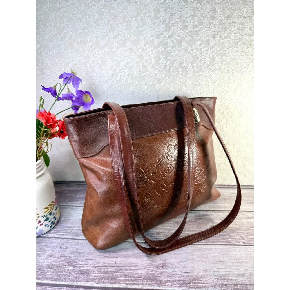 Marino Orlandi Brown Cognac Leather Floral Embossed Tote Bag Italy Shoulder Bag